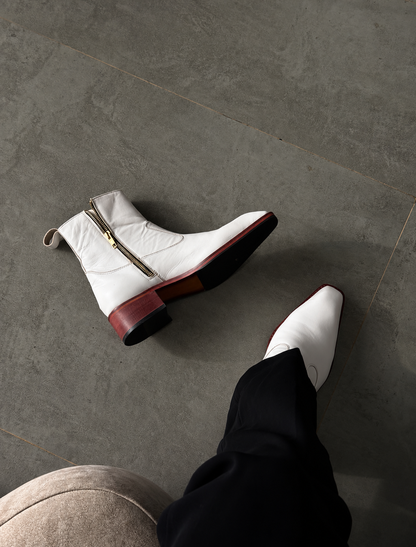 Handmade White Wooden Heal High Ankle Side Zip Genuine Leather Cuban Heel Boots Men | Hides&Cult