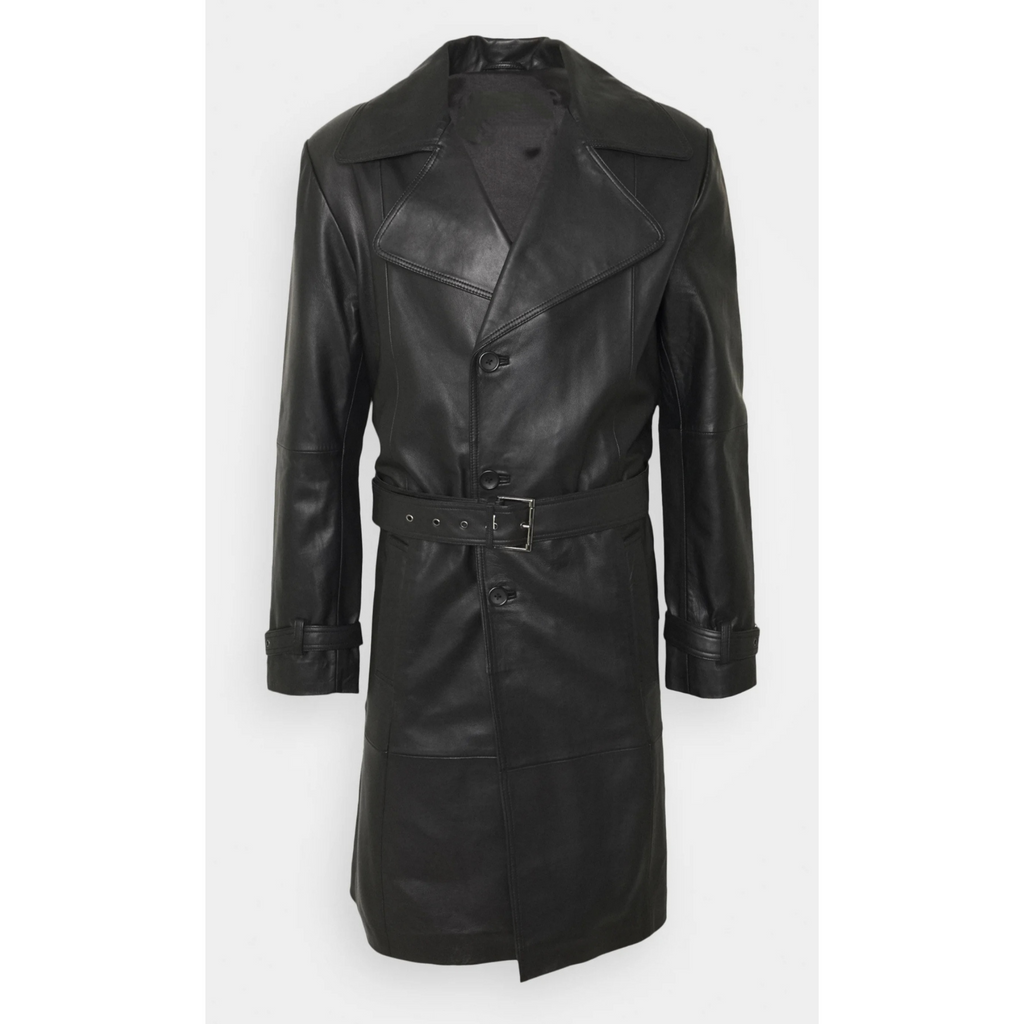 Flat lay of men's black belted genuine leather trench coat with longline design, notch collar, and waist belt displayed