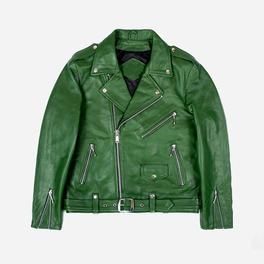 Flat lay of men's cactus green slim fit motorcycle biker leather jacket with belted waist, zippered pockets, and snap collar design