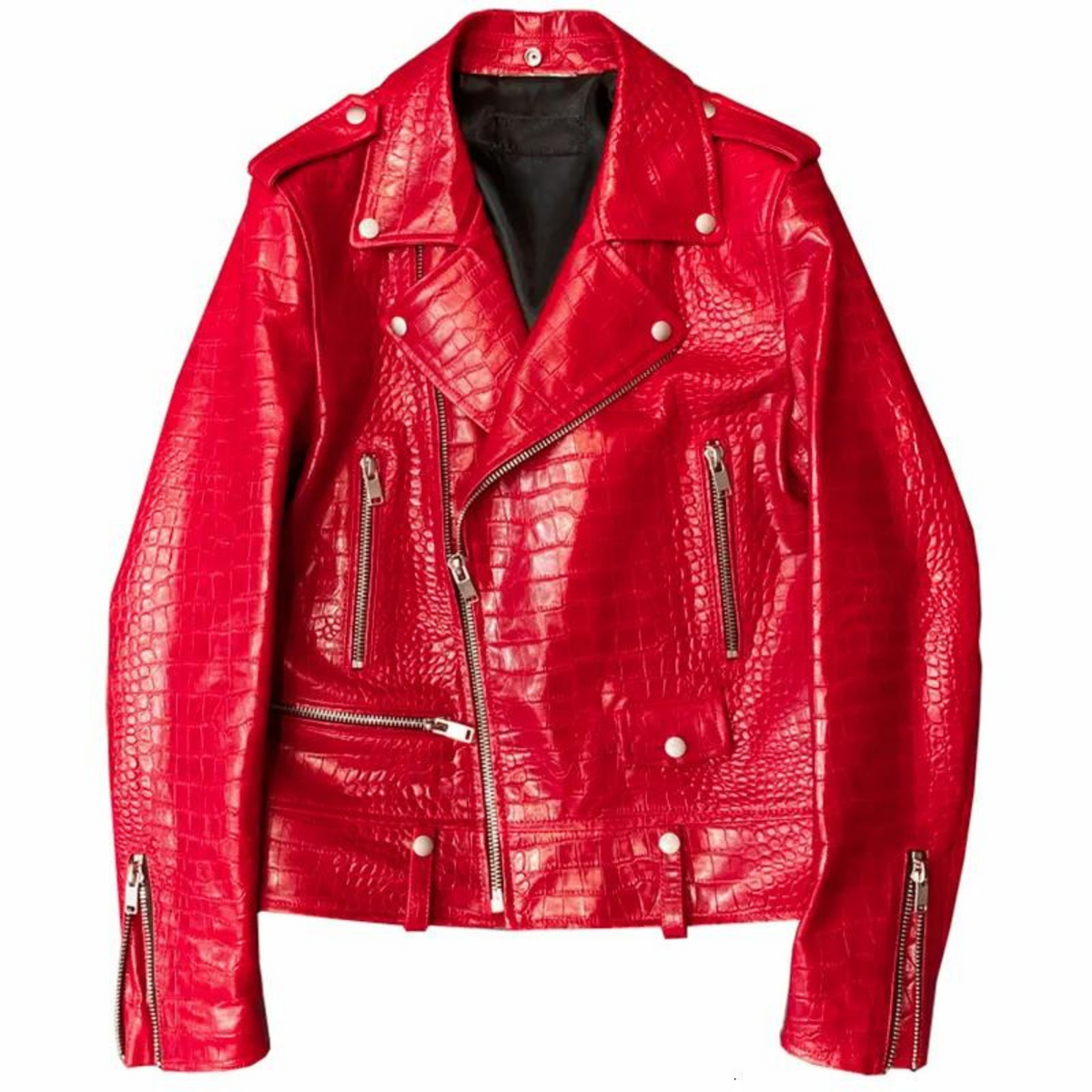 Flat lay of men's red croc-effect motorcycle leather jacket displaying structured shoulders, asymmetric zippers, and glossy embossed texture