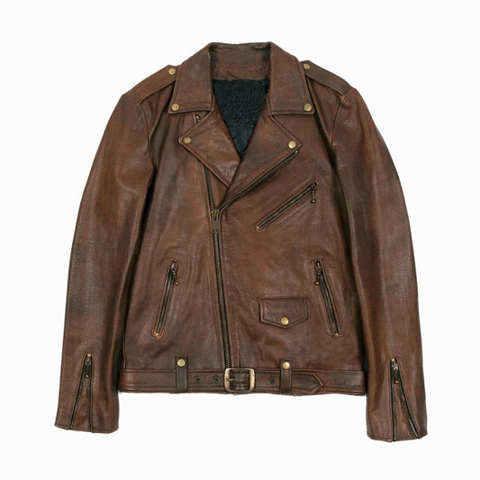 Flat lay of men's vintage brown slim fit motorcycle leather jacket with belted waist and retro biker design