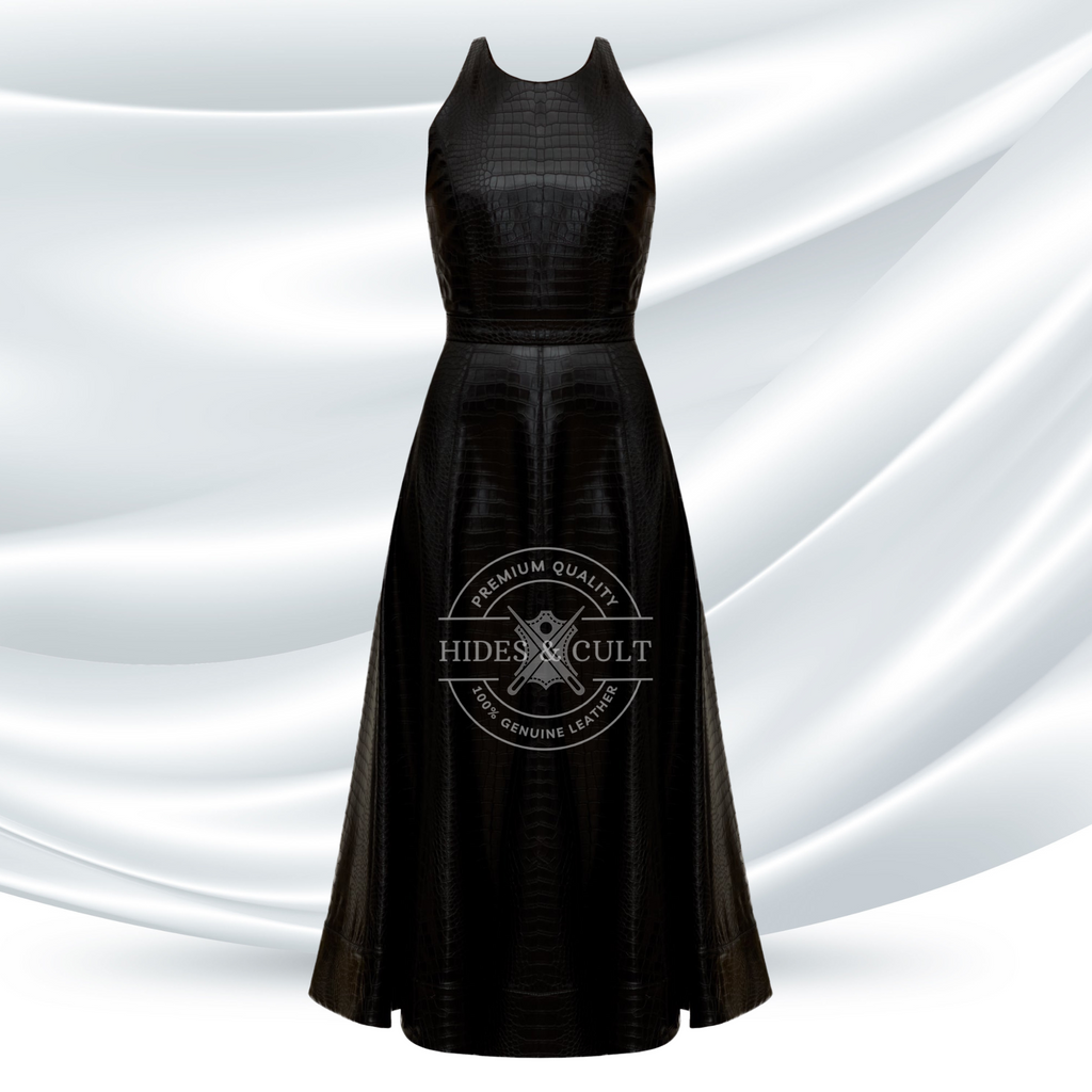Flat lay of womens black croc embossed long leather dress