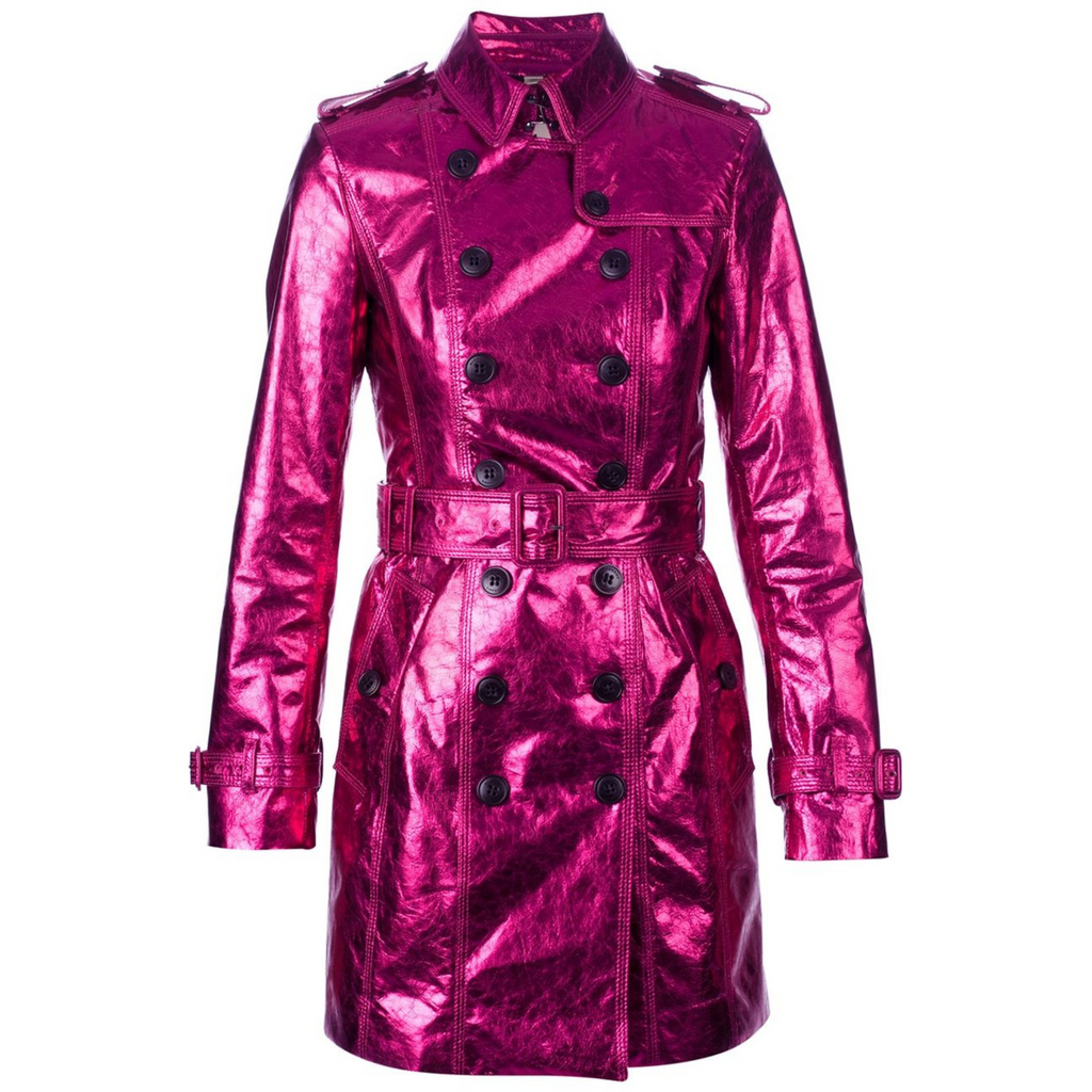 Flat lay of fuchsia pink double breasted real leather trench coat with metallic foil finish