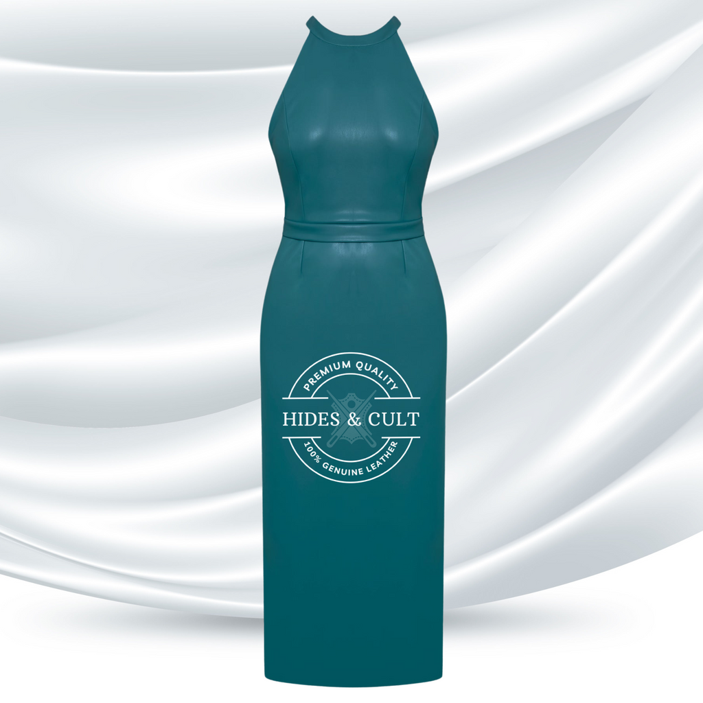 Teal blue halter neck leather midi dress flat lay product image