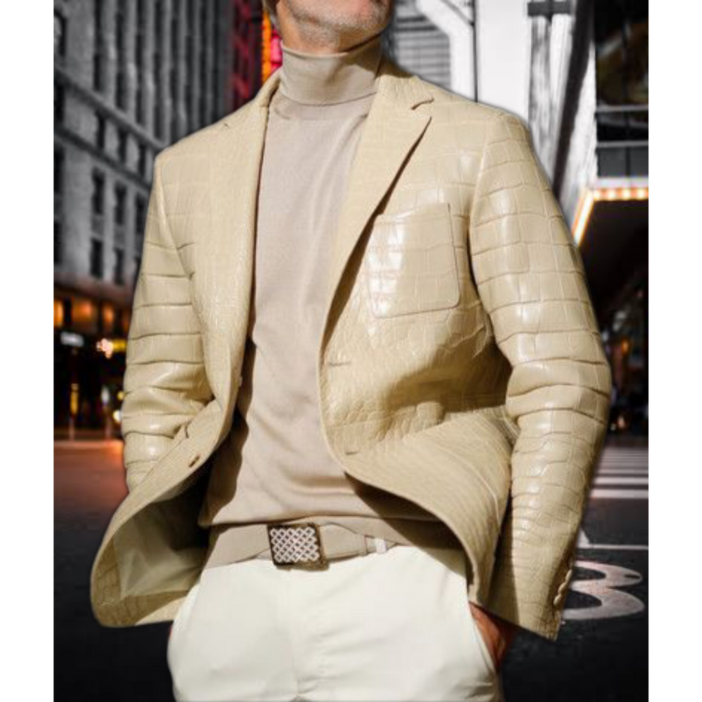 Front view of Men's Beige Patent Croc Embossed Leather Blazer – Glossy finish, croc texture, tailored silhouette, and premium luxury design
