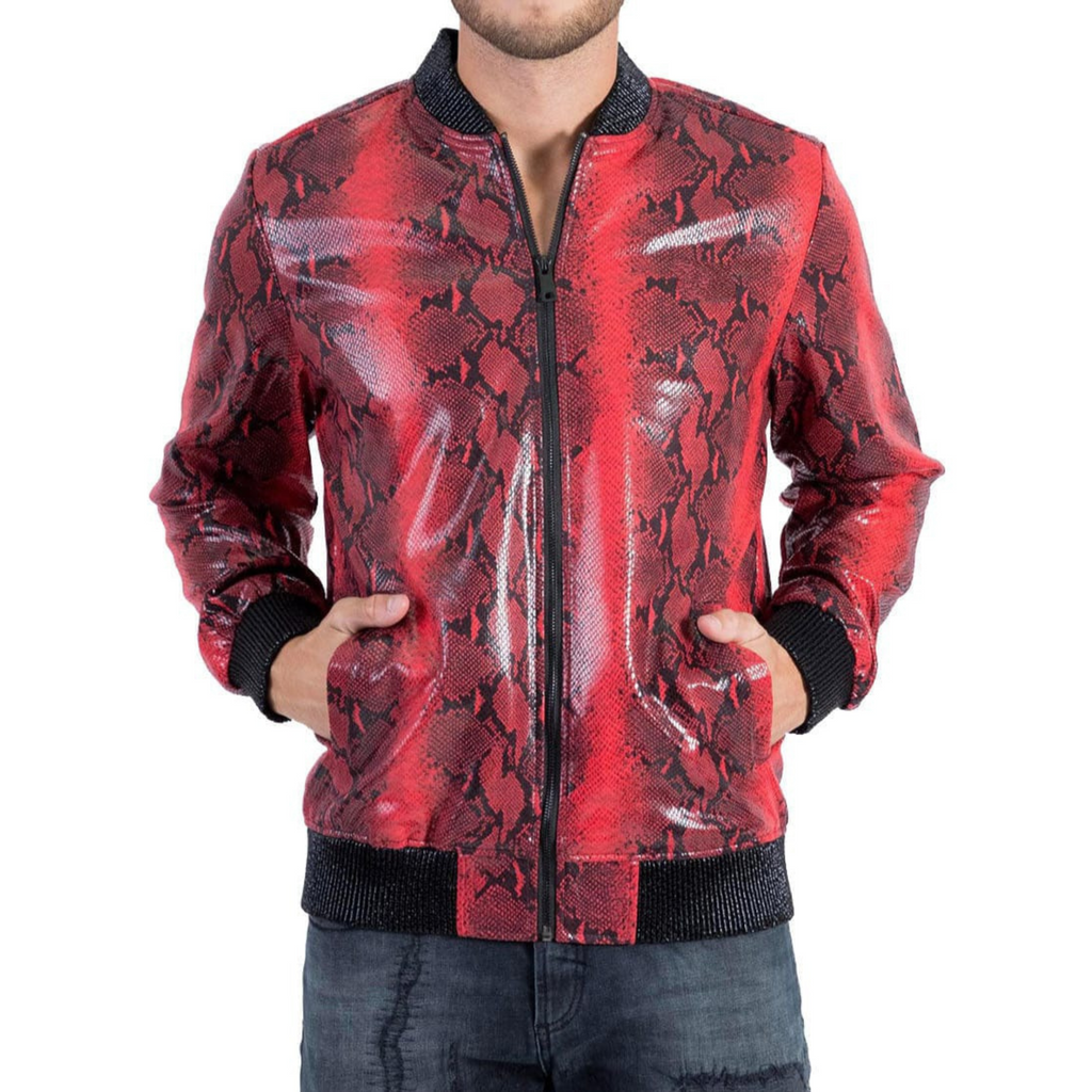 Front view of Men's Red Snake Print Foil Genuine Lambskin Leather Bomber Jacket - Bold Red Snake Print, Premium Lambskin Leather, and a Stylish Bomber Cut.
