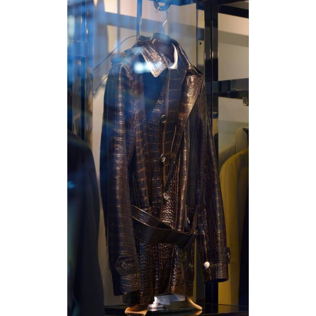 Front view of Men's Rich Brown Croc Embossed Belted Real Leather Trench Coat – Premium croc texture, short trench cut, and structured belt design