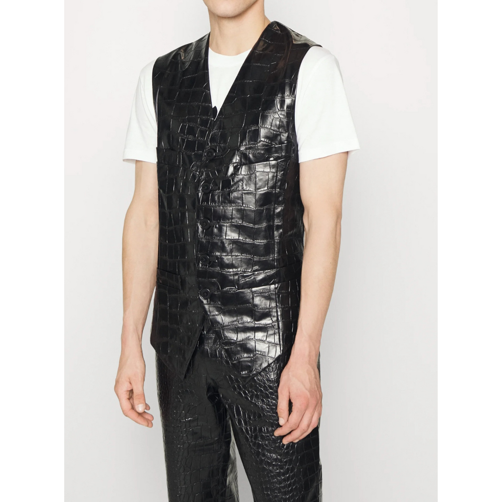 Front view of men's black croc-embossed effect leather vest, featuring a sleek, modern design with a textured leather finish for a bold and sophisticated look – Hides & Cult.