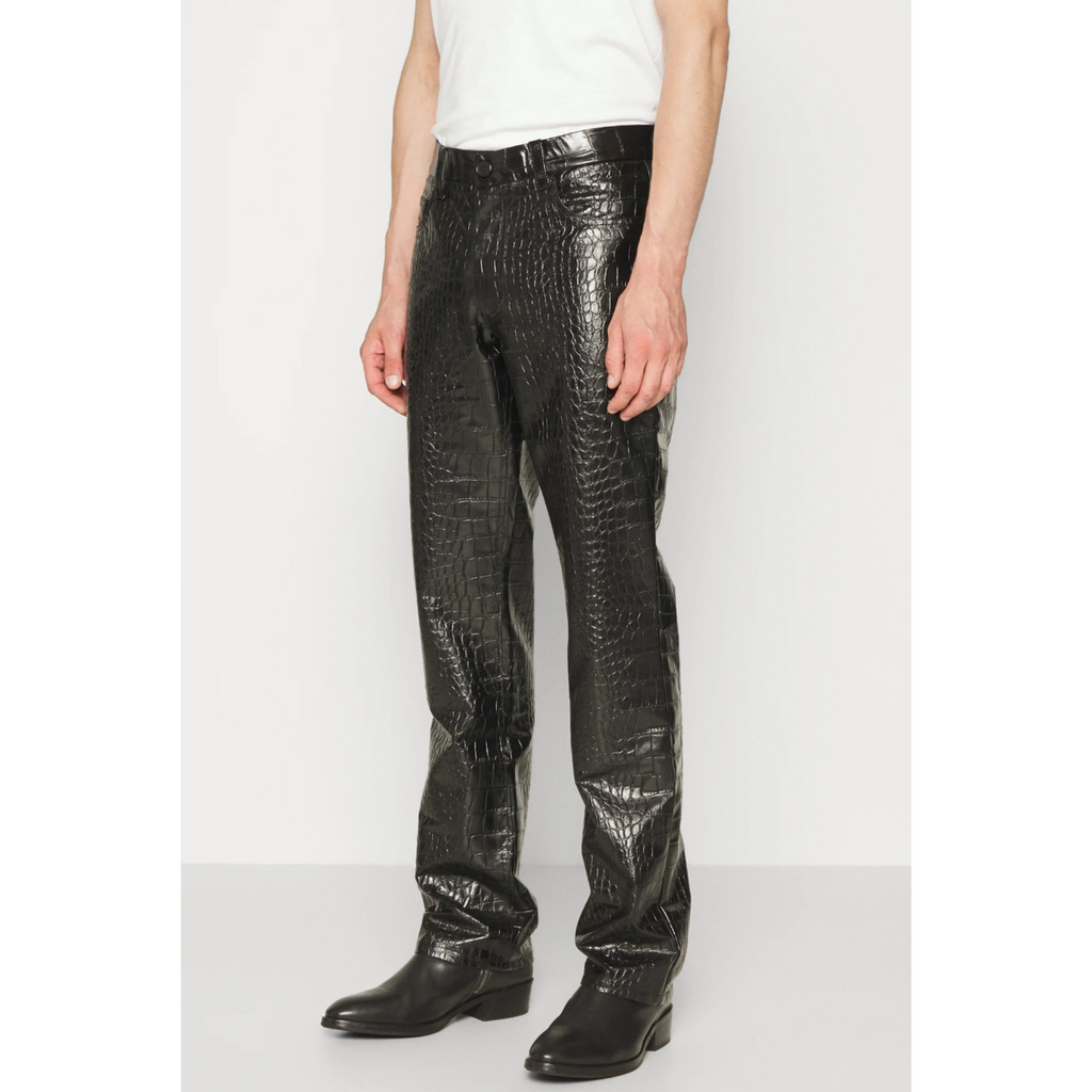 Front view of men's leather pants, crafted from premium full-grain leather with a sleek fit and stylish design – Hides & Cult.