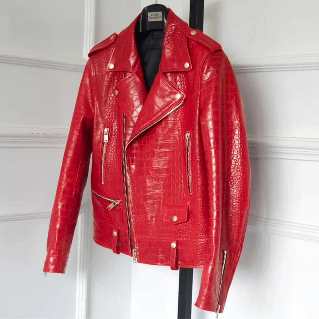Front view of men's red croc-embossed motorcycle biker leather jacket with slim fit and asymmetric zip closure