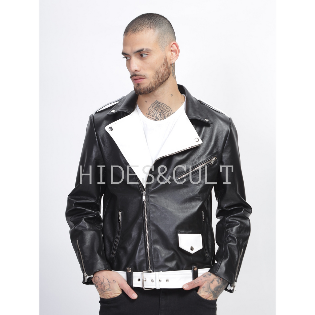 Front view of model wearing men's black and white two tone slim fit belted motorcycle leather jacket with zip closure and structured fit