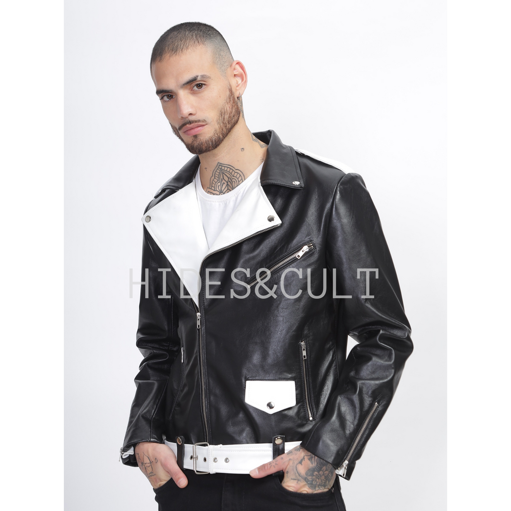 Front view of model wearing men's black and white two tone slim fit motorcycle leather jacket with belted waist, zipper pockets, and snap collar detail