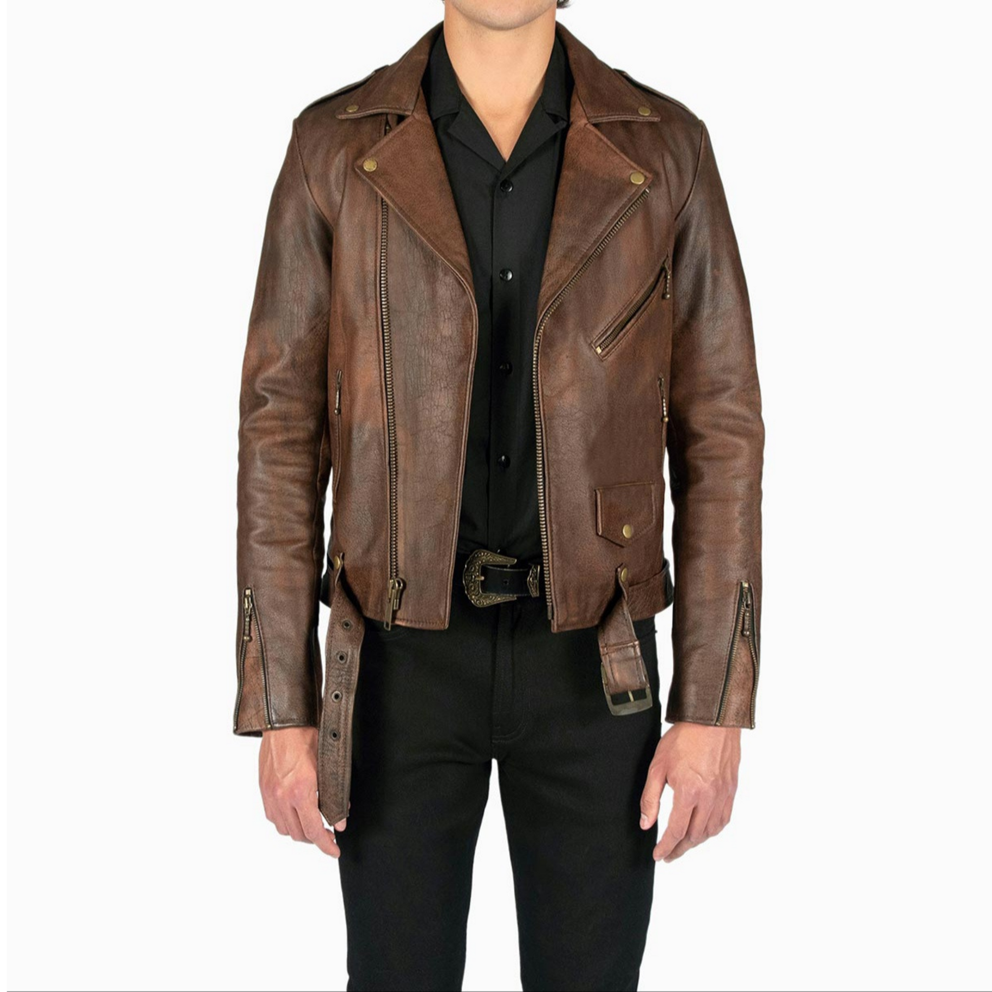 Full view of model wearing men's vintage brown slim fit motorcycle biker leather jacket with belted waist, zip details, and retro-inspired design