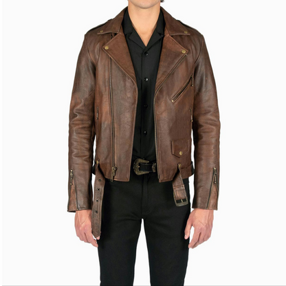 Full view of model wearing men's vintage brown slim fit motorcycle biker leather jacket with belted waist, zip details, and retro-inspired design