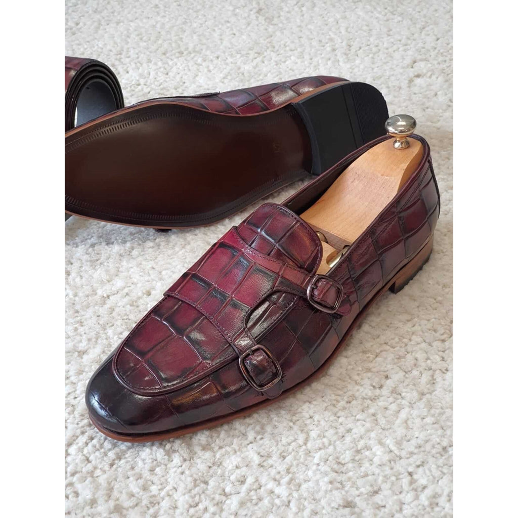 Side profile of premium burgundy croc-textured leather monk strap shoes – sleek and sophisticated men’s designer footwear.