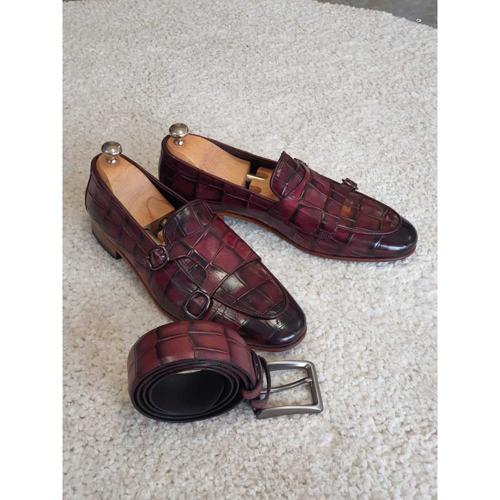 Side profile of premium burgundy croc-textured leather monk strap shoes – sleek and sophisticated men’s designer footwear.
