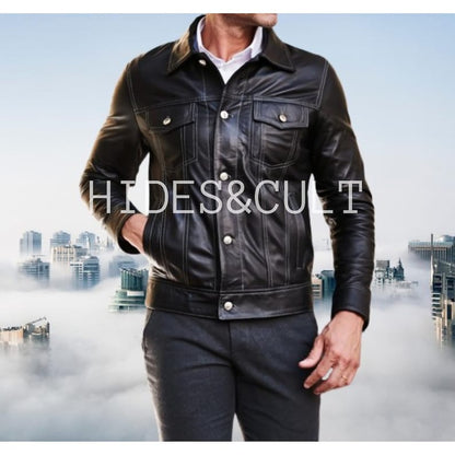 Hides & Cult men's black leather jacket, flat lay, clear view of premium leather and design.

