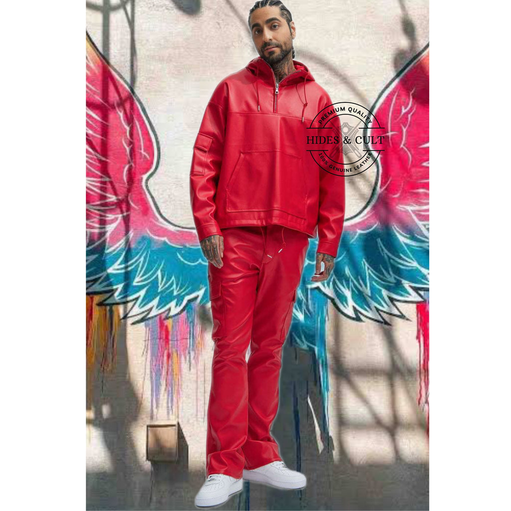 Hides & Cult men's red genuine leather hoodie, front view, featuring half-zip and kangaroo pocket.