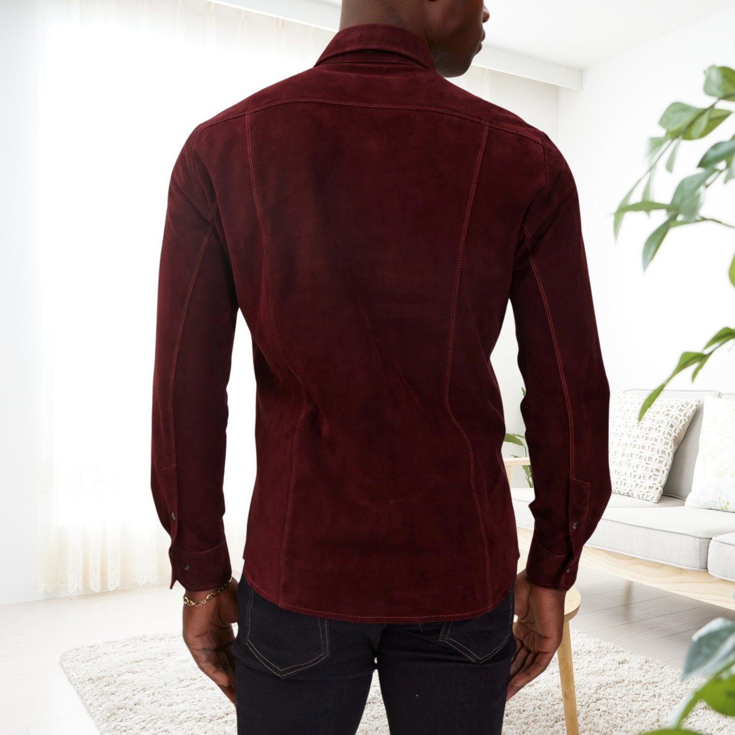 Mens Rich Dark Burgundy Suede Genuine Soft Lamb Leather Shirt