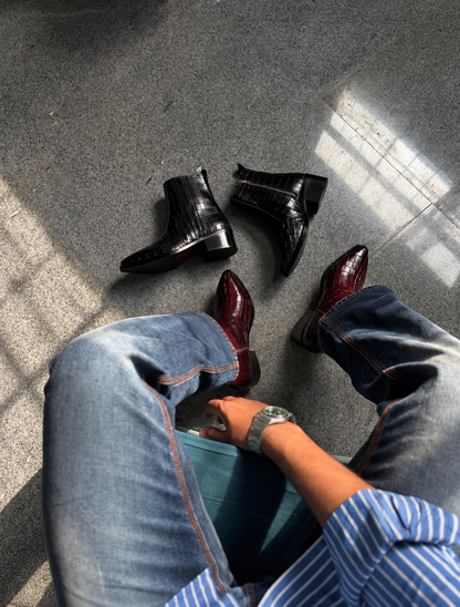 Handmade Burgundy Red Croc Emboss Effect Pointed Toe Genuine Leather Cuban Heel Boots Men | Hides&Cult