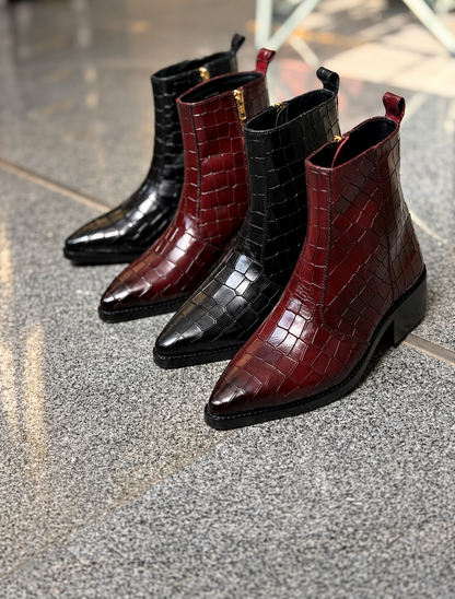 Handmade Burgundy Red Croc Emboss Effect Pointed Toe Genuine Leather Cuban Heel Boots Men | Hides&Cult