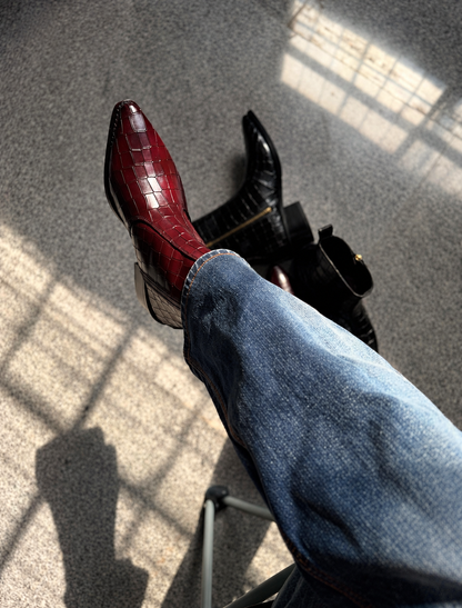 Handmade Burgundy Red Croc Emboss Effect Pointed Toe Genuine Leather Cuban Heel Boots Men | Hides&Cult