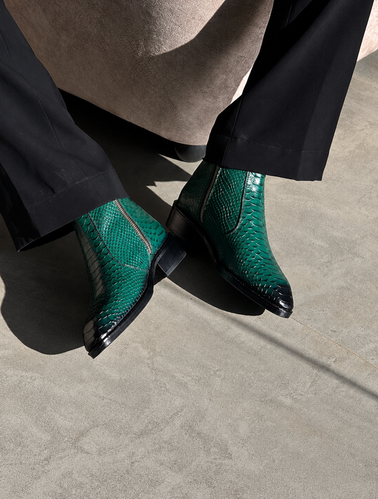 Handmade Green Python Anaconda Texture Emboss Square Toe Genuine Leather Cuban Heel Boots Men | Hides&Cult