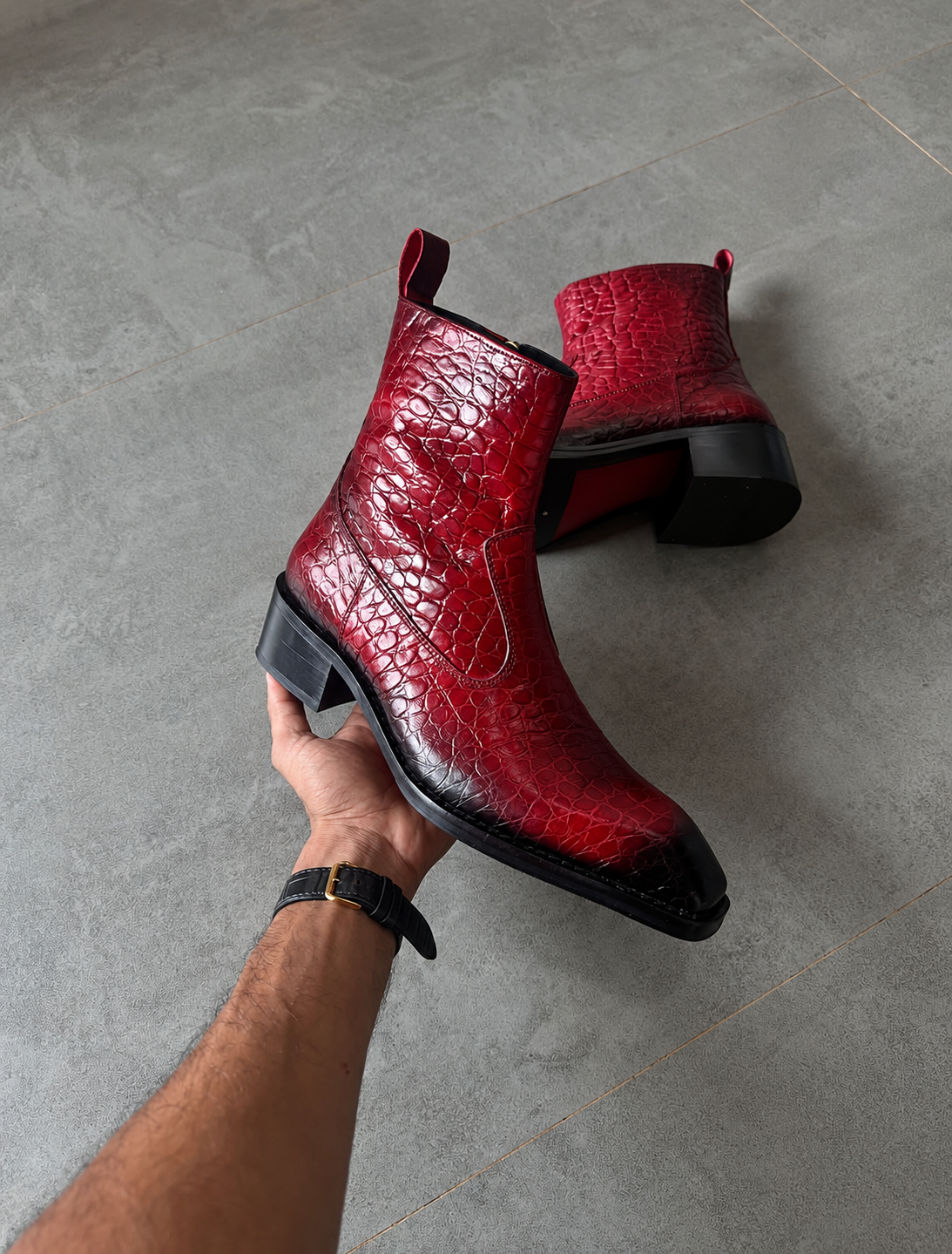 Handmade Vintage Red Croc Texture Square Toe Genuine Leather Cuban Heel Boots Men | Hides&Cult