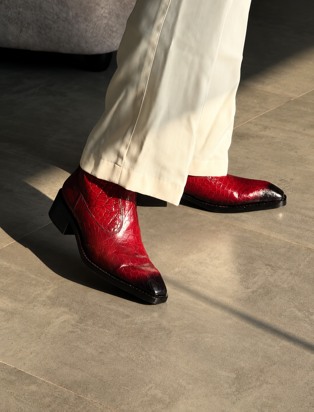 Handmade Vintage Red Croc Texture Square Toe Genuine Leather Cuban Heel Boots Men | Hides&Cult