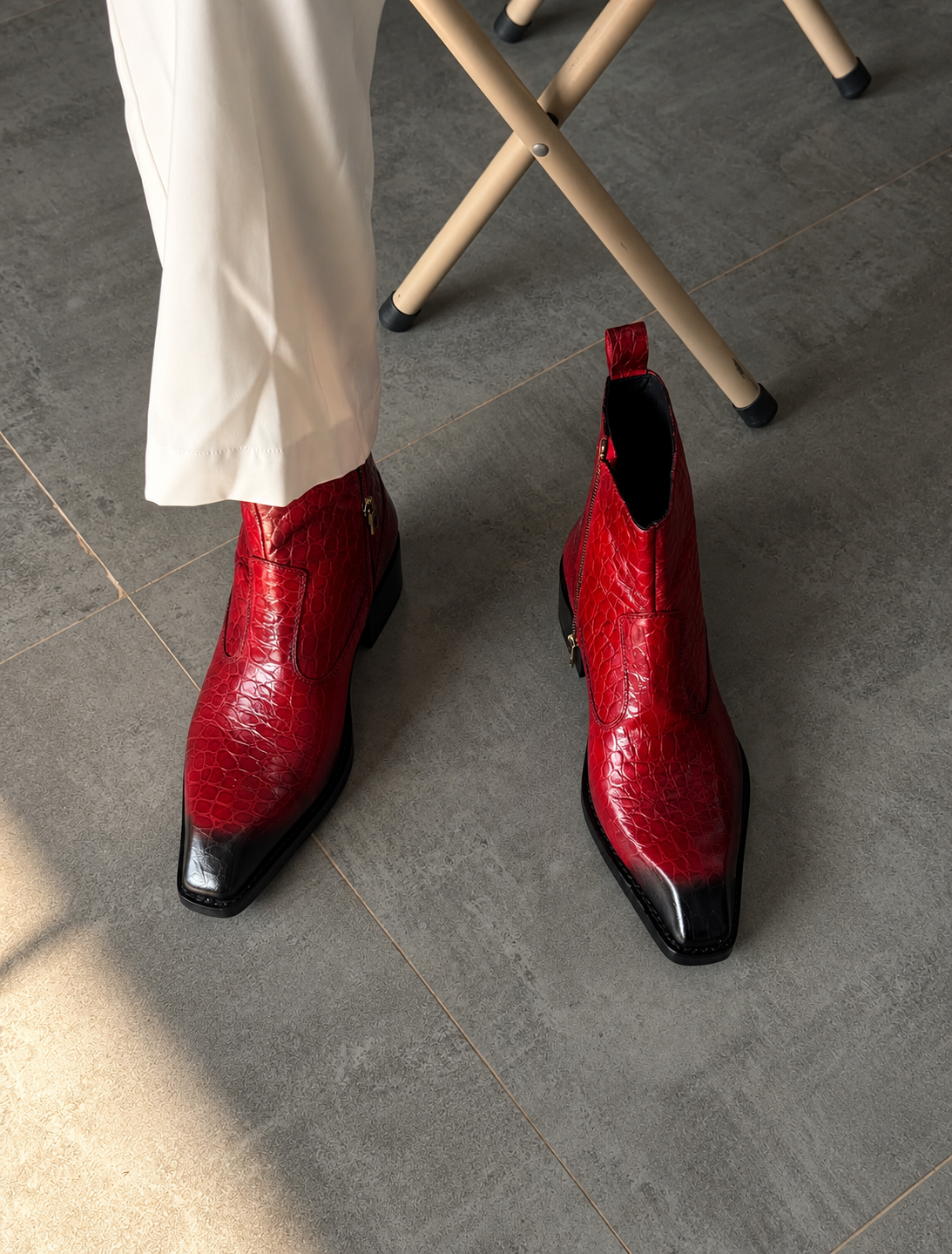 Handmade Vintage Red Croc Texture Square Toe Genuine Leather Cuban Heel Boots Men | Hides&Cult