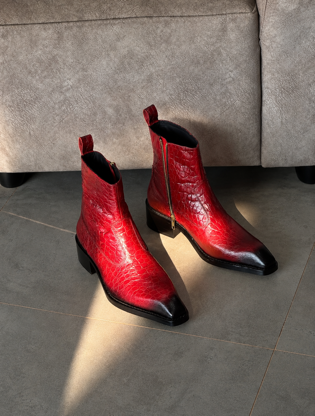 Handmade Vintage Red Croc Texture Square Toe Genuine Leather Cuban Heel Boots Men | Hides&Cult