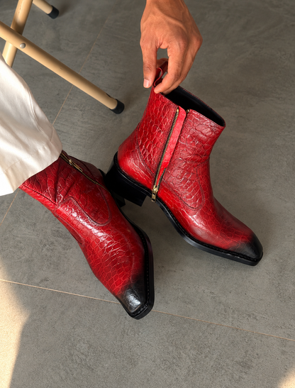 Handmade Vintage Red Croc Texture Square Toe Genuine Leather Cuban Heel Boots Men | Hides&Cult