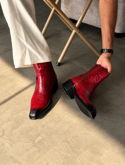Handmade Vintage Red Croc Texture Square Toe Genuine Leather Cuban Heel Boots Men | Hides&Cult