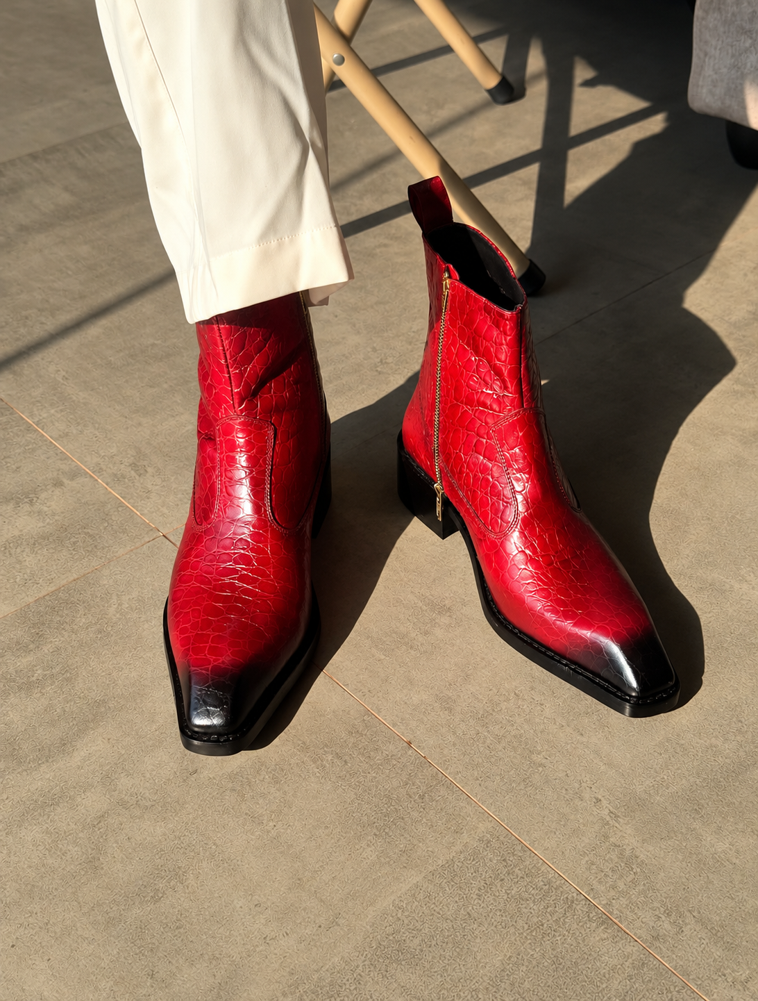 Handmade Vintage Red Croc Texture Square Toe Genuine Leather Cuban Heel Boots Men | Hides&Cult