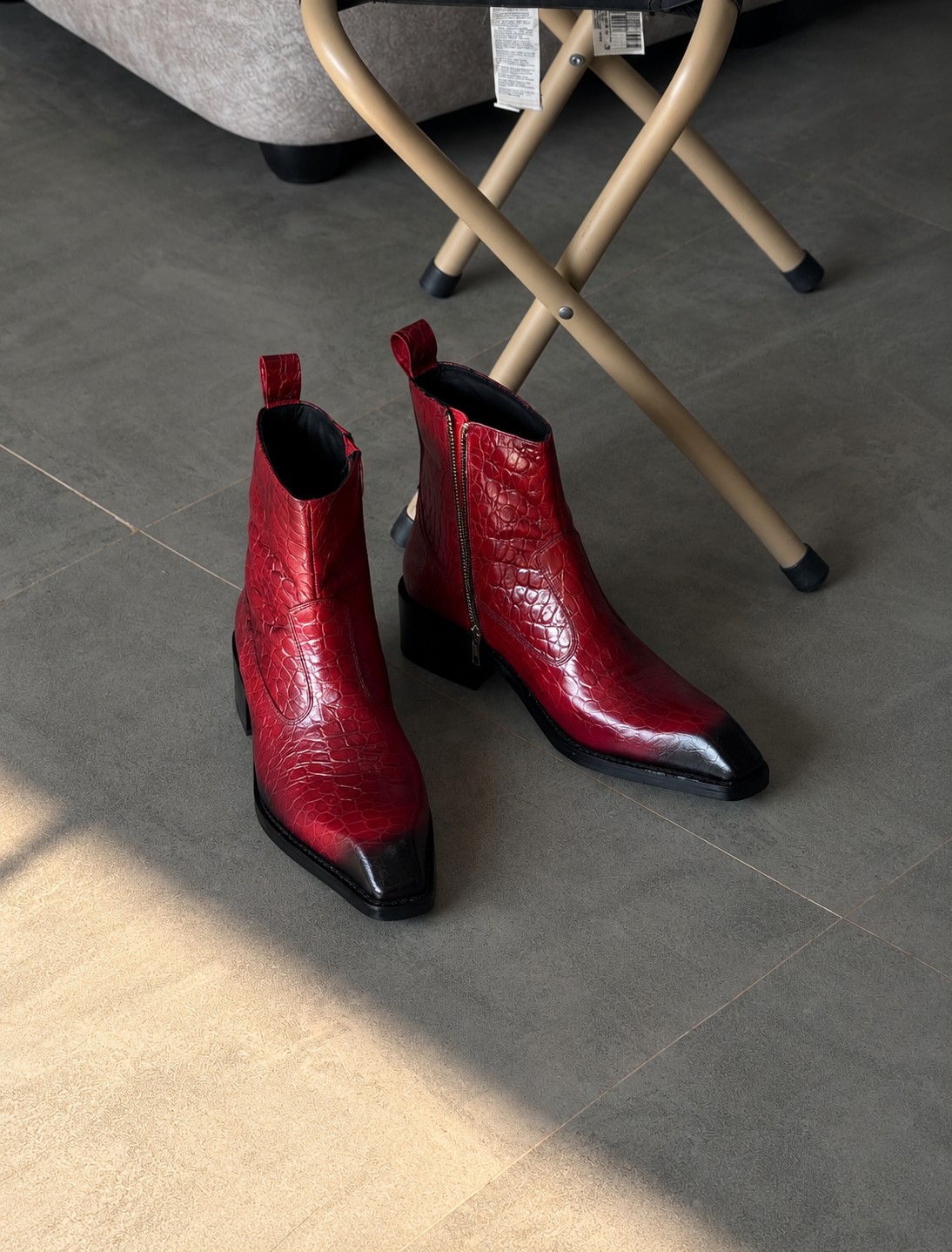 Handmade Vintage Red Croc Texture Square Toe Genuine Leather Cuban Heel Boots Men | Hides&Cult