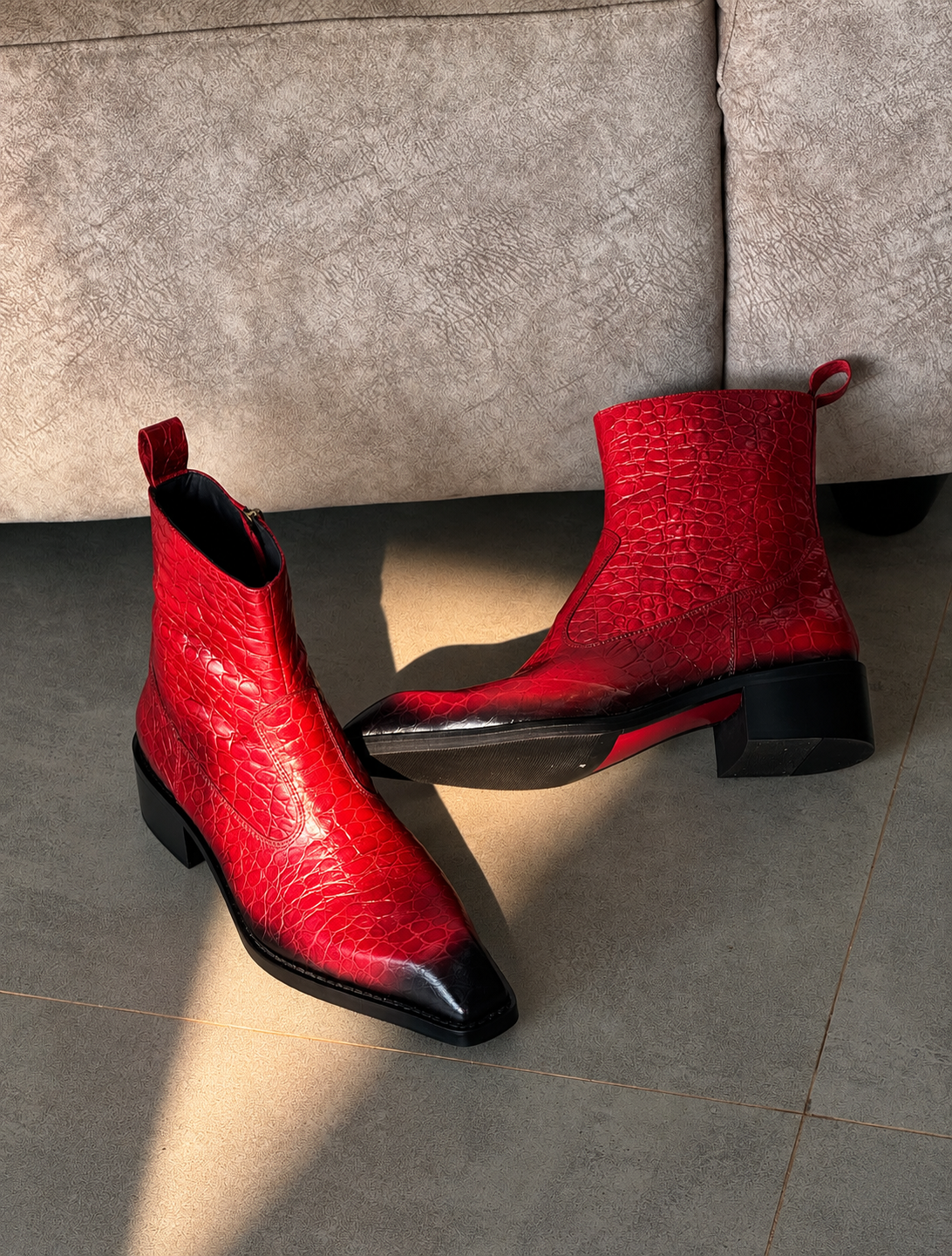 Handmade Vintage Red Croc Texture Square Toe Genuine Leather Cuban Heel Boots Men | Hides&Cult