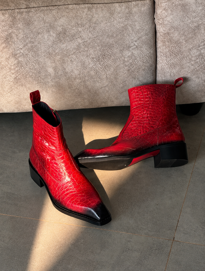 Handmade Vintage Red Croc Texture Square Toe Genuine Leather Cuban Heel Boots Men | Hides&Cult