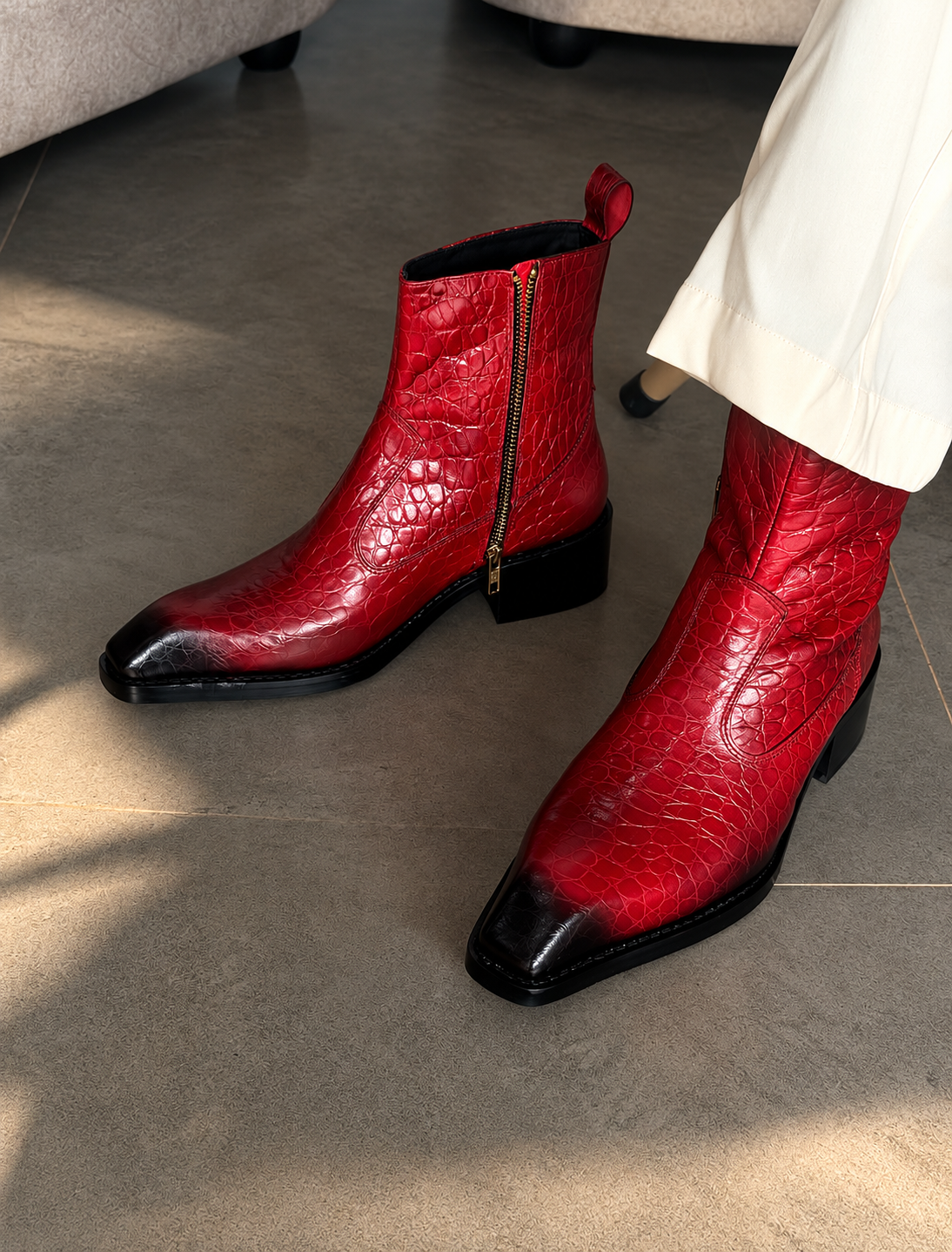 Handmade Vintage Red Croc Texture Square Toe Genuine Leather Cuban Heel Boots Men | Hides&Cult