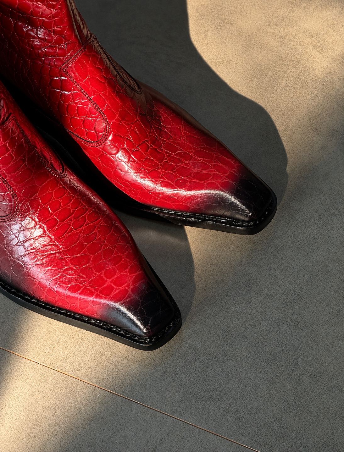 Handmade Vintage Red Croc Texture Square Toe Genuine Leather Cuban Heel Boots Men | Hides&Cult