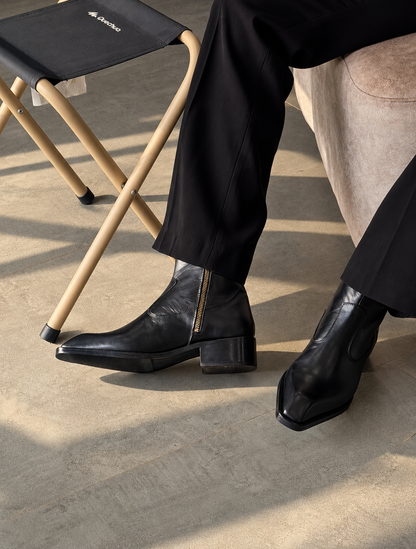 Handmade Black Square Toe Side Zip Genuine Leather Cuban Heel Boots Men | Hides&Cult