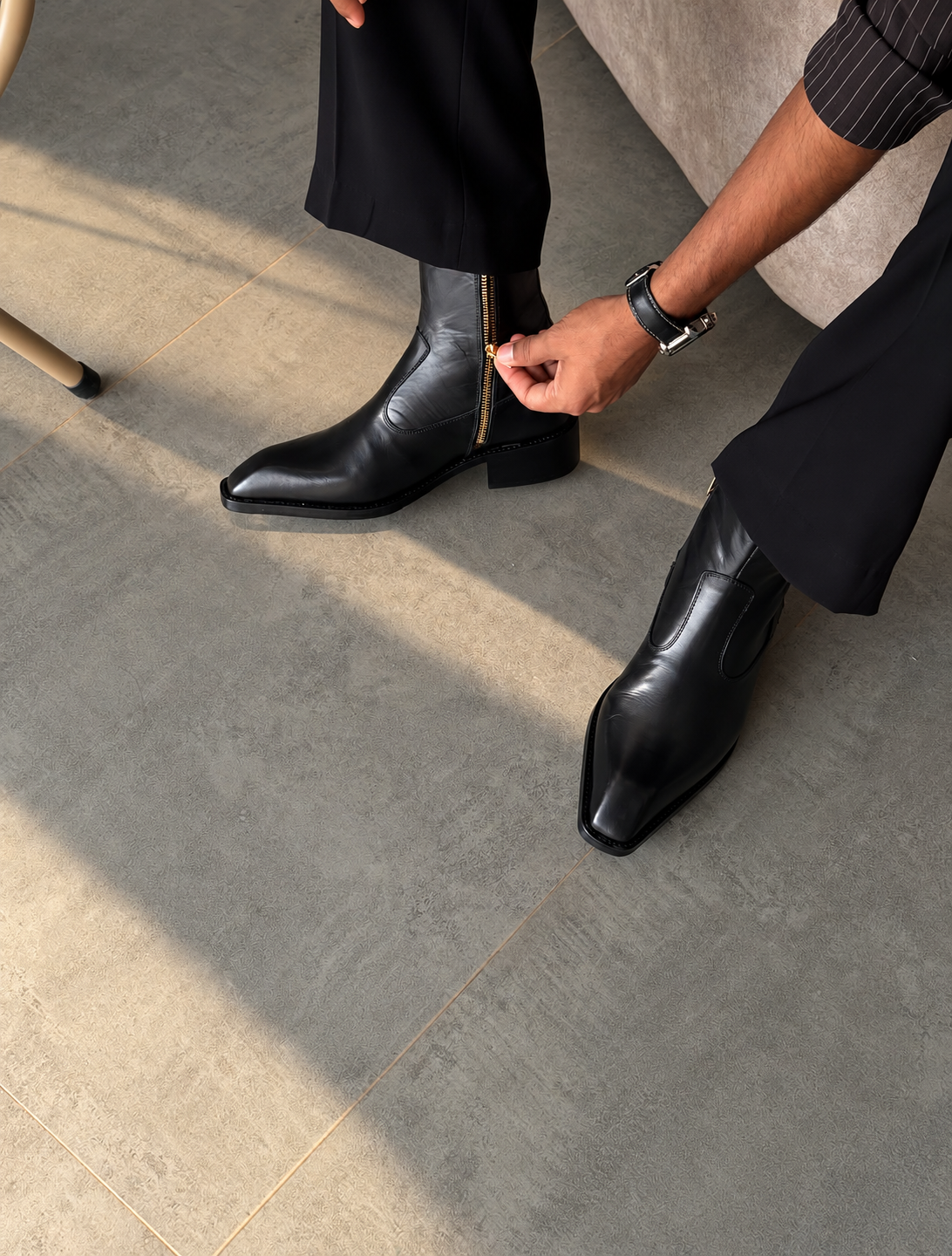 Handmade Black Square Toe Side Zip Genuine Leather Cuban Heel Boots Men | Hides&Cult