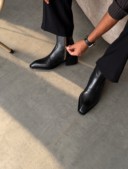 Handmade Black Square Toe Side Zip Genuine Leather Cuban Heel Boots Men | Hides&Cult