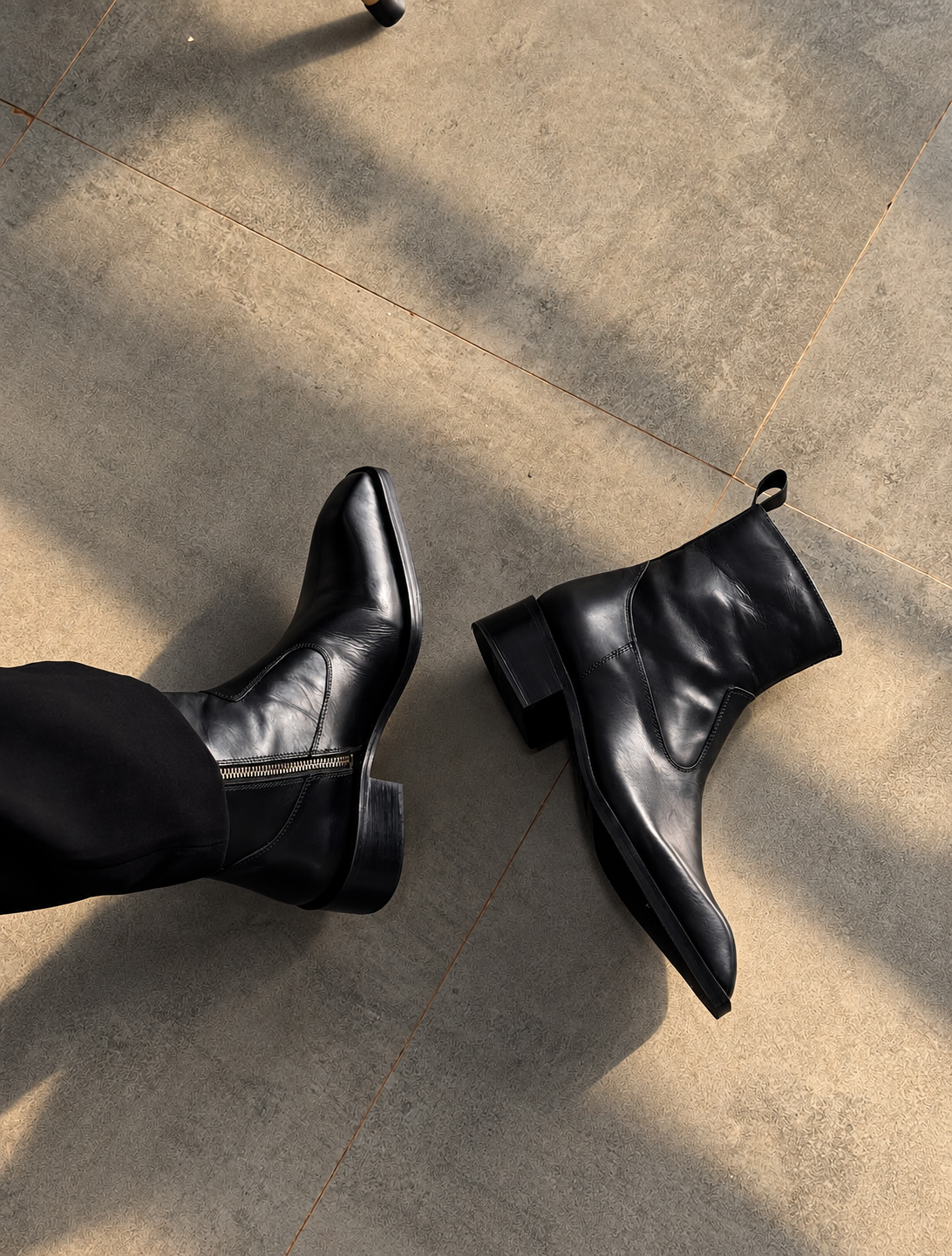 Handmade Black Square Toe Side Zip Genuine Leather Cuban Heel Boots Men | Hides&Cult