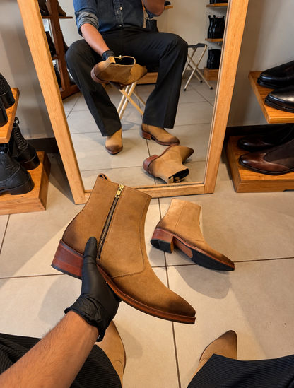 Handmade Tan Suede Sleek Italian Square Toe Side Zip Genuine Leather Cuban Heel Boots Men | Hides&Cult