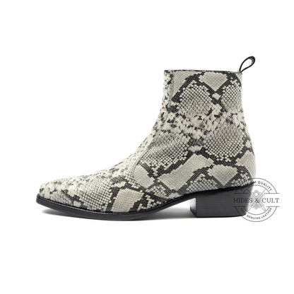White Snakeskin Genuine Leather Chelsea Boots Cuban Heel Men | HidesandCult