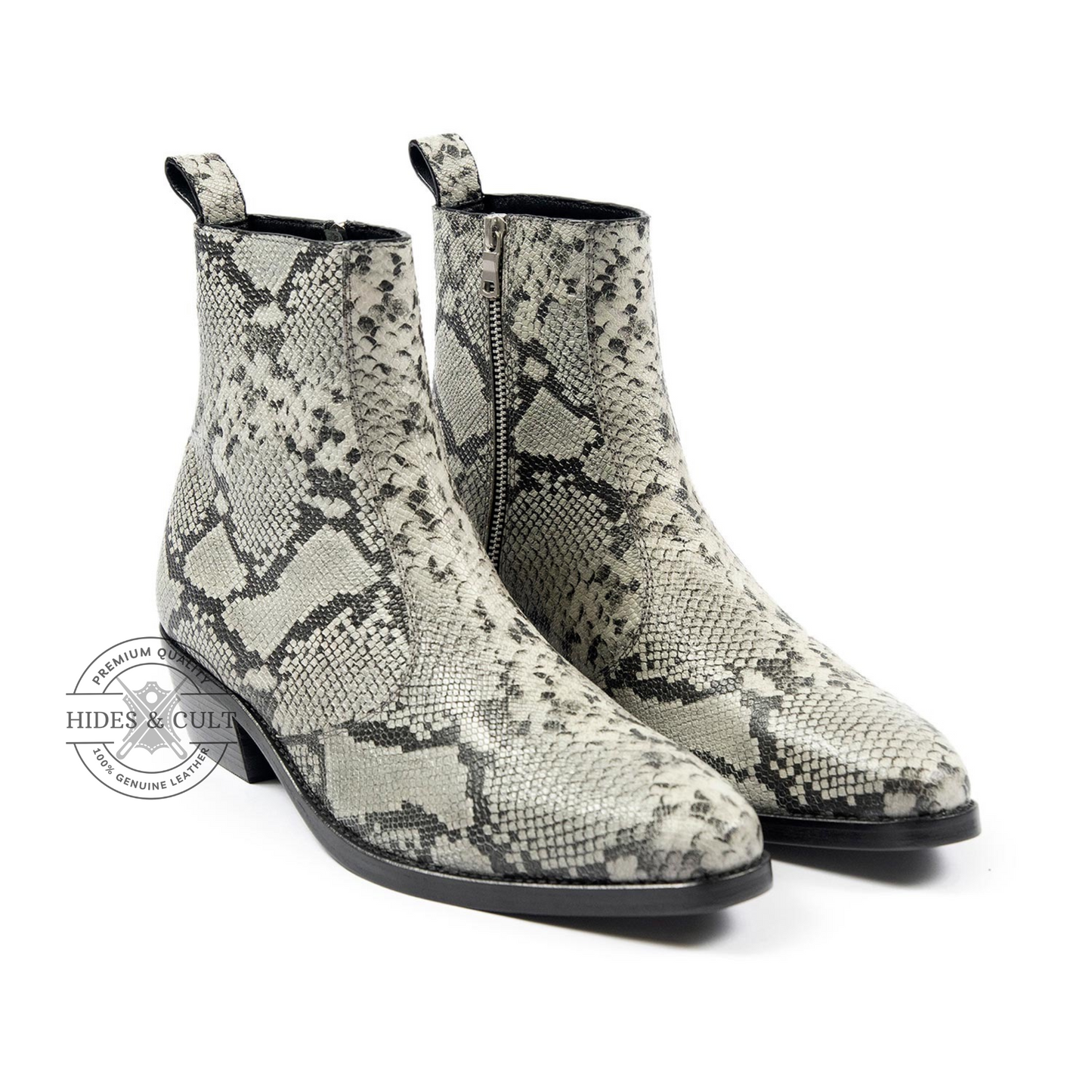 White Snakeskin Genuine Leather Chelsea Boots Cuban Heel Men | HidesandCult