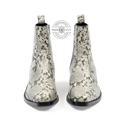 White Snakeskin Genuine Leather Chelsea Boots Cuban Heel Men | HidesandCult