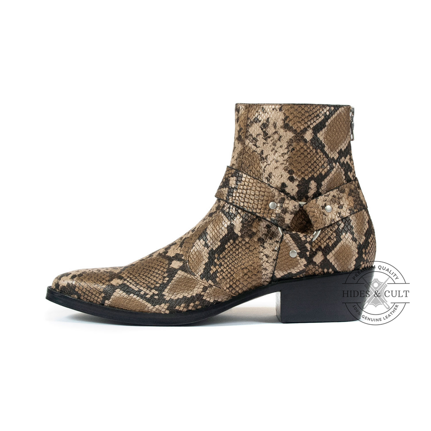 Brown Snakeskin Genuine Leather Harness Chelsea Boots Cuban Heel Men | HidesandCult