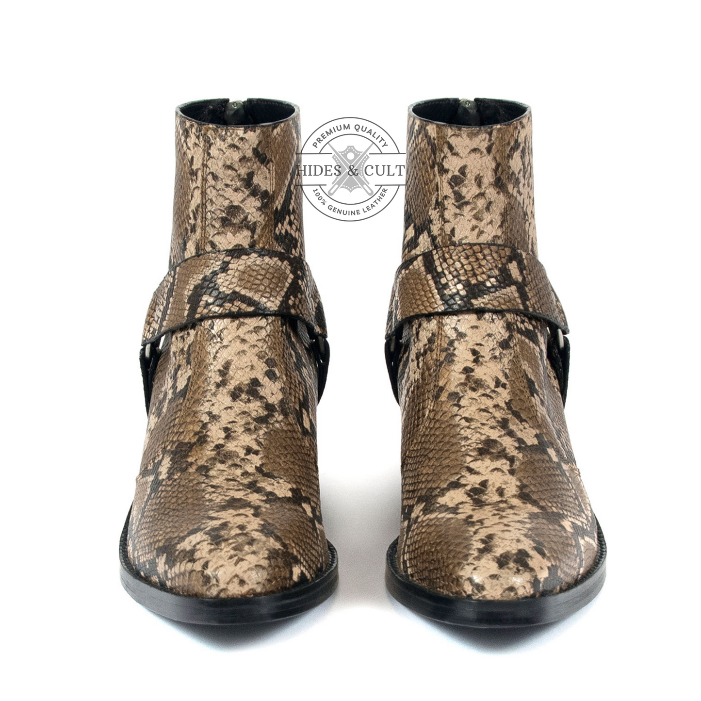 Brown Snakeskin Genuine Leather Harness Chelsea Boots Cuban Heel Men | HidesandCult