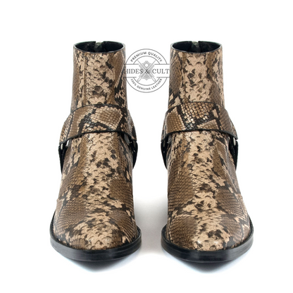 Brown Snakeskin Genuine Leather Harness Chelsea Boots Cuban Heel Men | HidesandCult